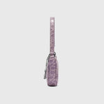 Mini Rachel Lilac Croco Embossed Leather Bag held in hand against white background — By Far | Endless UAE