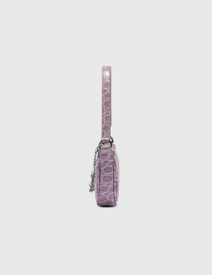 Mini Rachel Lilac Croco Embossed Leather Bag held in hand against white background — By Far | Endless UAE