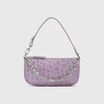 Mini Rachel Lilac Croco Embossed Leather Bag held in hand against white background — By Far | Endless UAE