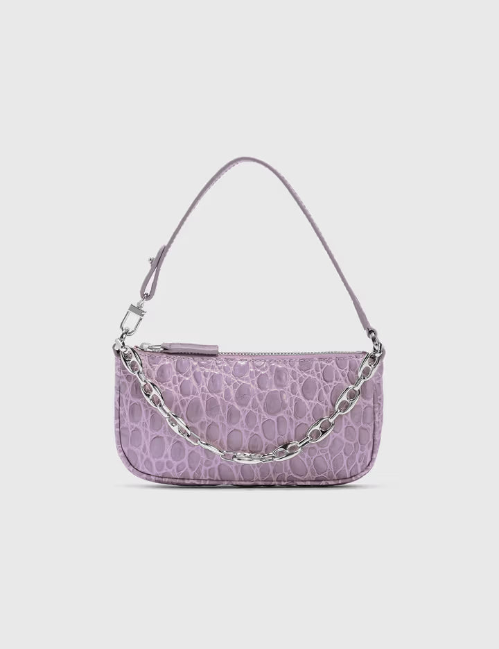 Mini Rachel Lilac Croco Embossed Leather Bag held in hand against white background — By Far | Endless UAE
