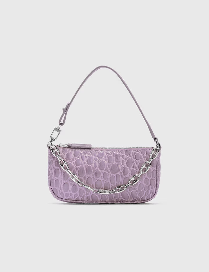 Mini Rachel Lilac Croco Embossed Leather Bag held in hand against white background — By Far | Endless UAE