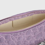 Mini Rachel Lilac Croco Embossed Leather Bag held in hand against white background — By Far | Endless UAE