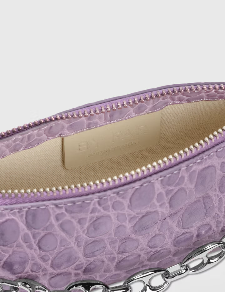 Mini Rachel Lilac Croco Embossed Leather Bag held in hand against white background — By Far | Endless UAE