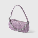 Mini Rachel Lilac Croco Embossed Leather Bag held in hand against white background — By Far | Endless UAE