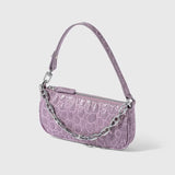 Mini Rachel Lilac Croco Embossed Leather Bag held in hand against white background — By Far | Endless UAE