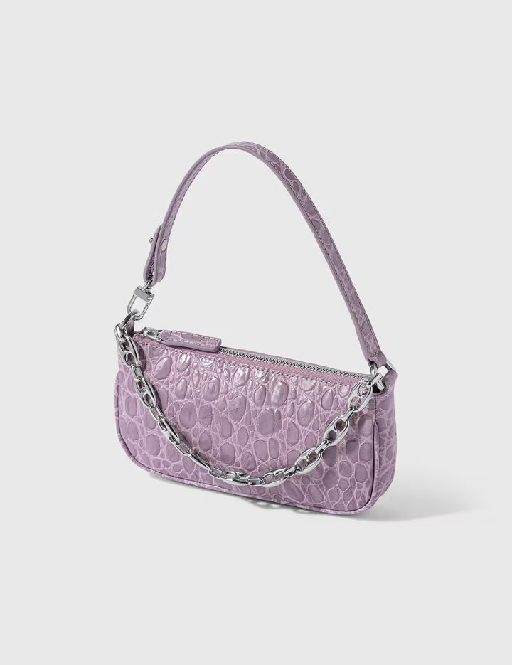 Mini Rachel Lilac Croco Embossed Leather Bag held in hand against white background — By Far | Endless UAE