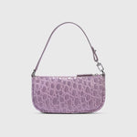 Mini Rachel Lilac Croco Embossed Leather Bag held in hand against white background — By Far | Endless UAE