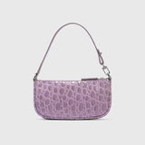 Mini Rachel Lilac Croco Embossed Leather Bag held in hand against white background — By Far | Endless UAE