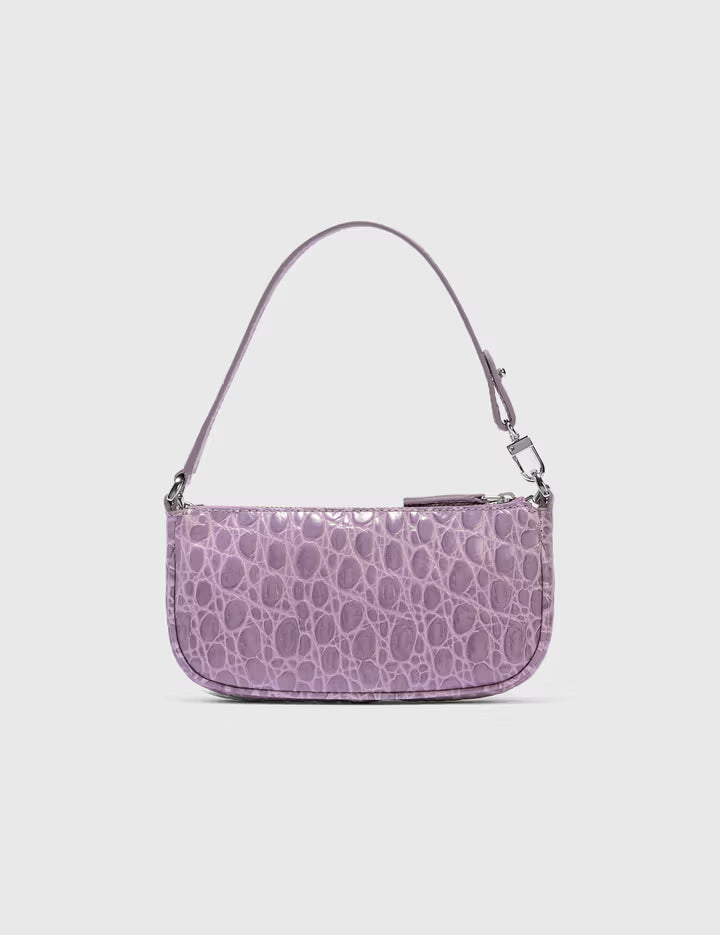 Mini Rachel Lilac Croco Embossed Leather Bag held in hand against white background — By Far | Endless UAE
