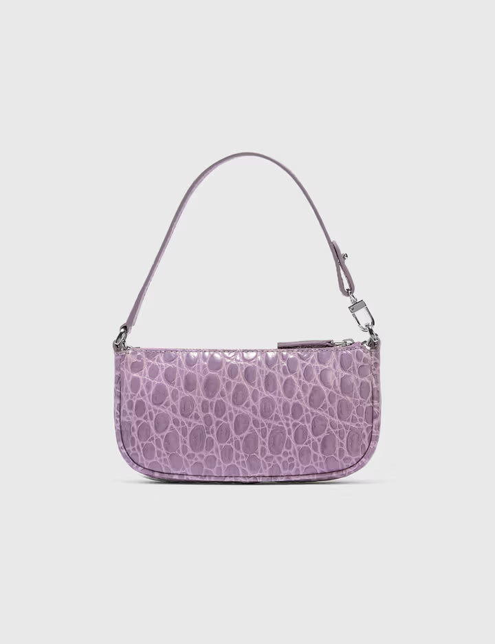 Mini Rachel Lilac Croco Embossed Leather Bag held in hand against white background — By Far | Endless UAE