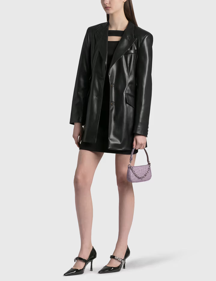 Mini Rachel Lilac Croco Embossed Leather Bag held in hand against white background — By Far | Endless UAE