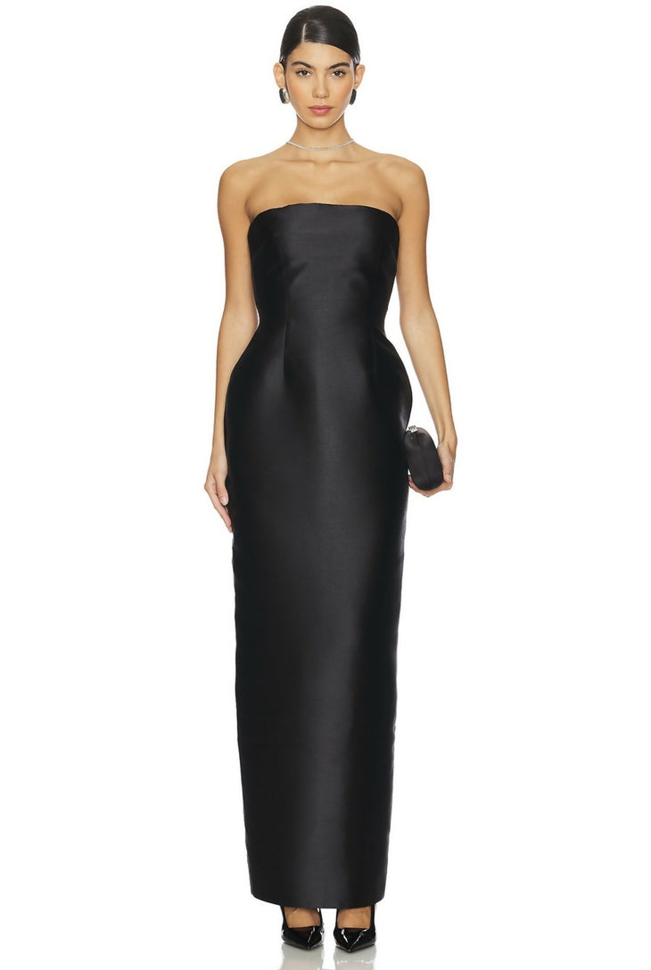 Black strapless satin maxi dress with fitted silhouette and floor-length hem — Solace London | Endless UAE