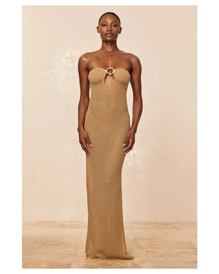 Montego Bandeau Dress in gold textured knit with keyhole cutout detail — Monday Swimwear | Endless UAE