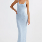 Woman wearing light blue ribbed maxi dress with low back and thin straps — Endless | Endless UAE