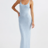 Woman wearing light blue ribbed maxi dress with low back and thin straps — Endless | Endless UAE