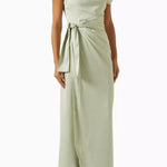 Woman wearing sage green off-shoulder draped maxi dress with belt — Endless | Endless UAE
