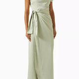 Woman wearing sage green off-shoulder draped maxi dress with belt — Endless | Endless UAE