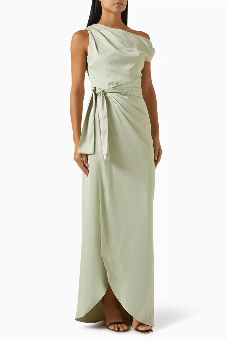 Woman wearing sage green off-shoulder draped maxi dress with belt — Endless | Endless UAE