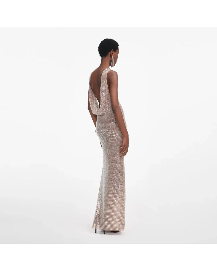 Sleeveless rhinestone maxi dress in champagne with draped neckline — Self-Portrait | Endless UAE