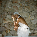 White lace halter maxi dress with ruched waist detail and floral pattern — De La Vali | Endless UAE