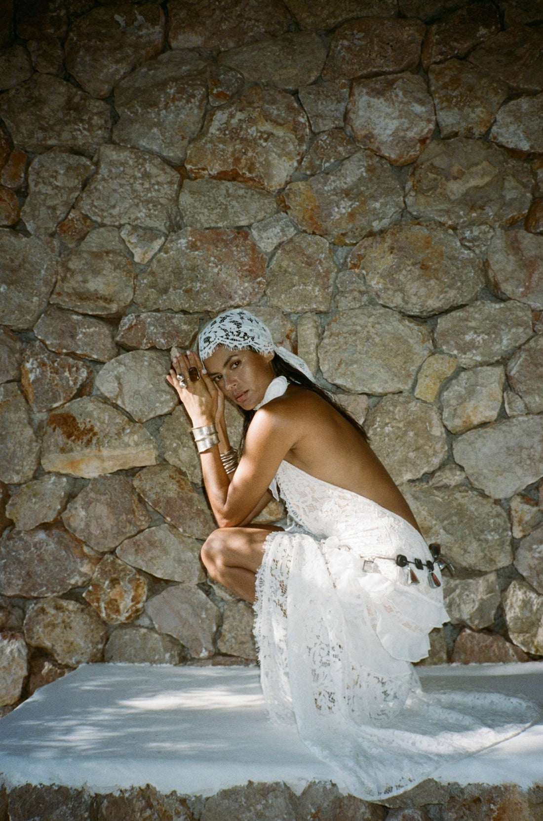 White lace halter maxi dress with ruched waist detail and floral pattern — De La Vali | Endless UAE