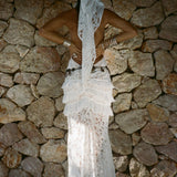 White lace halter maxi dress with ruched waist detail and floral pattern — De La Vali | Endless UAE