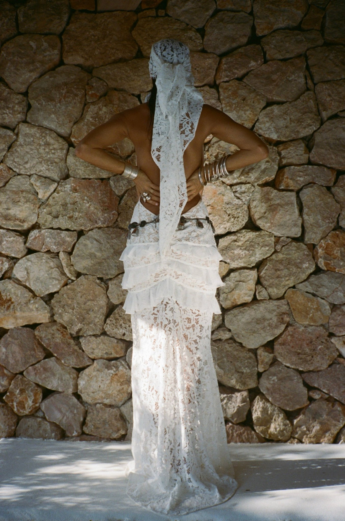White lace halter maxi dress with ruched waist detail and floral pattern — De La Vali | Endless UAE