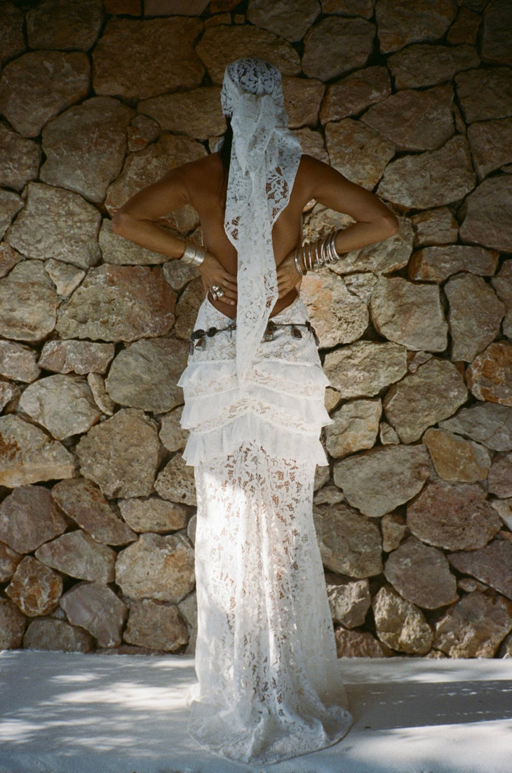 White lace halter maxi dress with ruched waist detail and floral pattern — De La Vali | Endless UAE