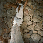 White lace halter maxi dress with ruched waist detail and floral pattern — De La Vali | Endless UAE