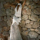 White lace halter maxi dress with ruched waist detail and floral pattern — De La Vali | Endless UAE