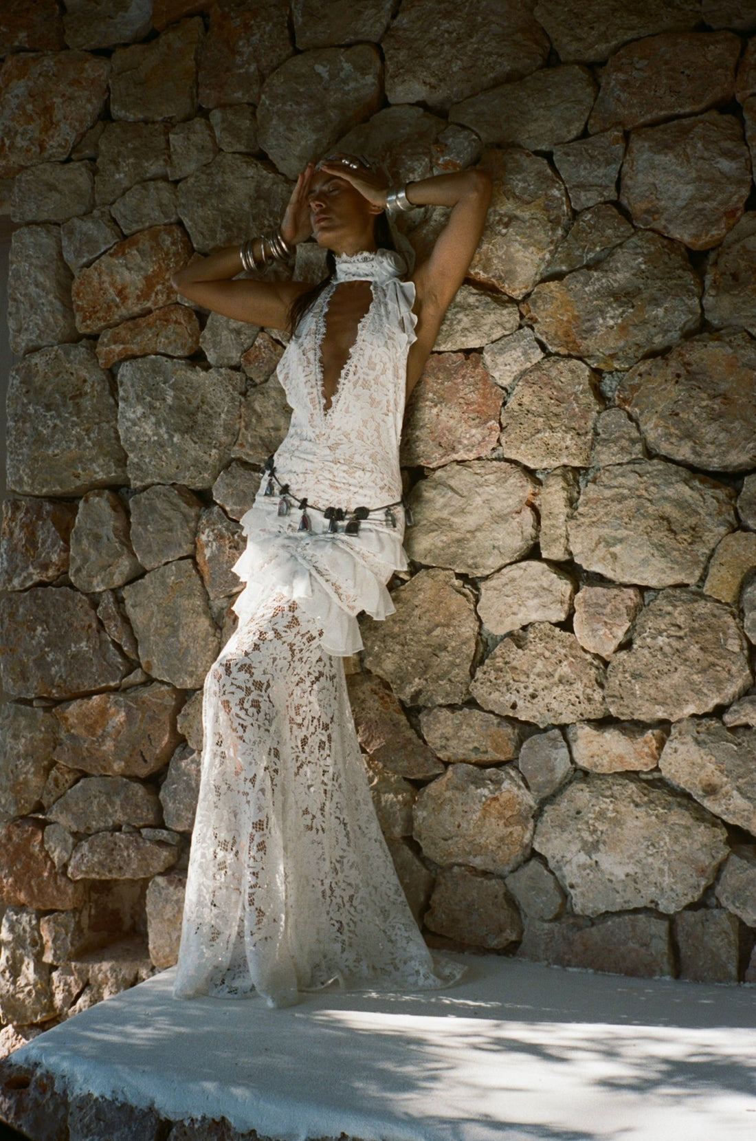 White lace halter maxi dress with ruched waist detail and floral pattern — De La Vali | Endless UAE