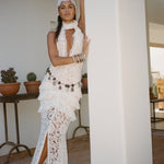 White lace halter maxi dress with ruched waist detail and floral pattern — De La Vali | Endless UAE