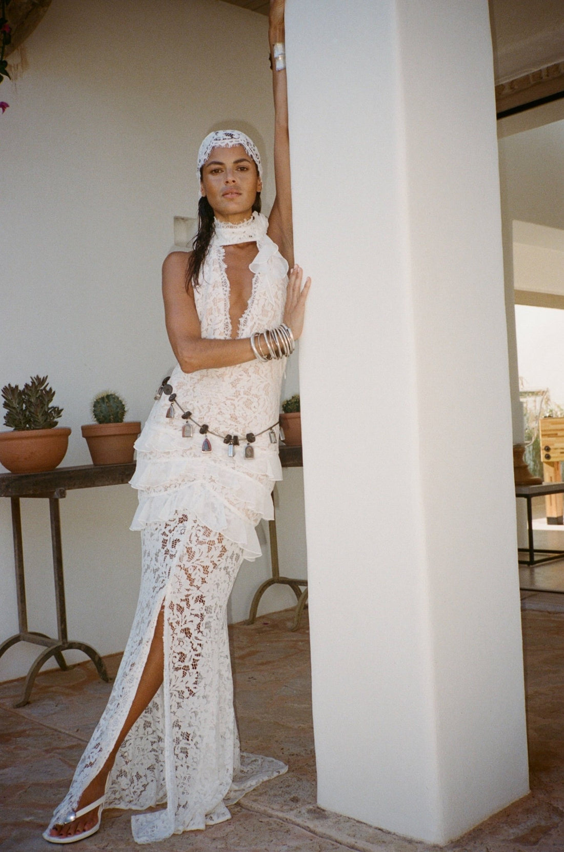 White lace halter maxi dress with ruched waist detail and floral pattern — De La Vali | Endless UAE