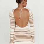 Striped knit mini dress with long sleeves and open back cutout detail in beige and cream tones — Meshki | Endless UAE