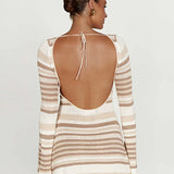 Striped knit mini dress with long sleeves and open back cutout detail in beige and cream tones — Meshki | Endless UAE