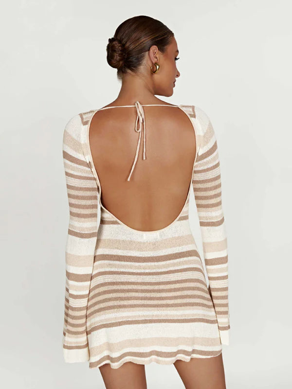 Striped knit mini dress with long sleeves and open back cutout detail in beige and cream tones — Meshki | Endless UAE