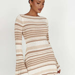Zahra striped knit mini dress with open back and long sleeves in neutral tones — Meshki | Endless UAE