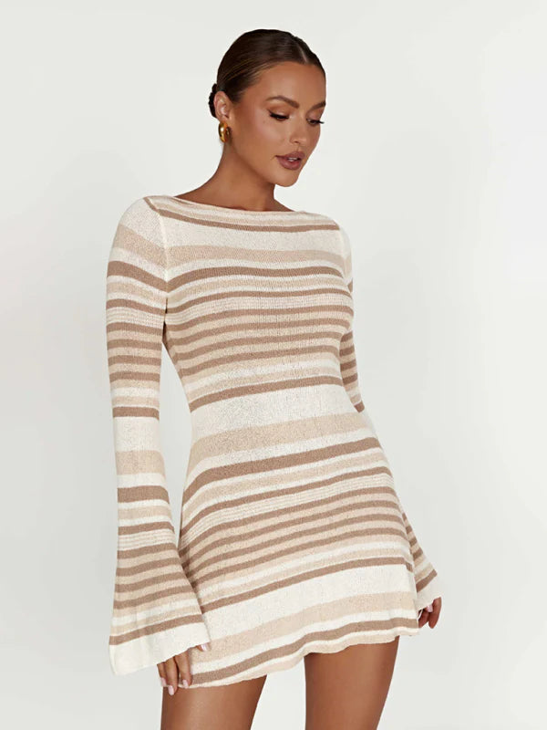Zahra striped knit mini dress with open back and long sleeves in neutral tones — Meshki | Endless UAE