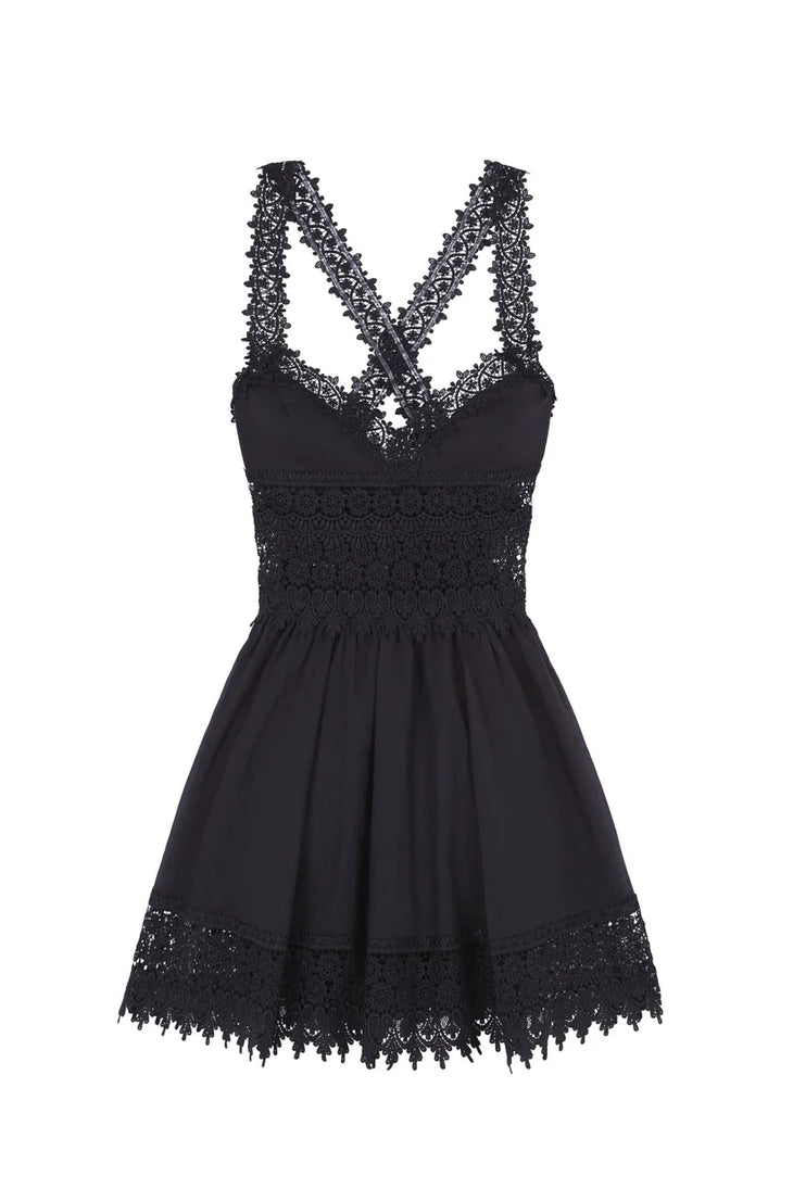 Black short dress with intricate lace trim detailing on straps, waist, and hem — Charo Ruiz | Endless UAE