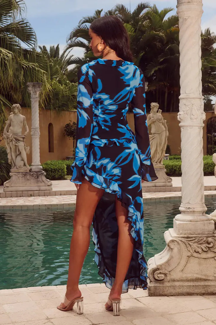Olimpia Maxi Skirt in blue and black abstract print — Runaway The Label | Endless UAE