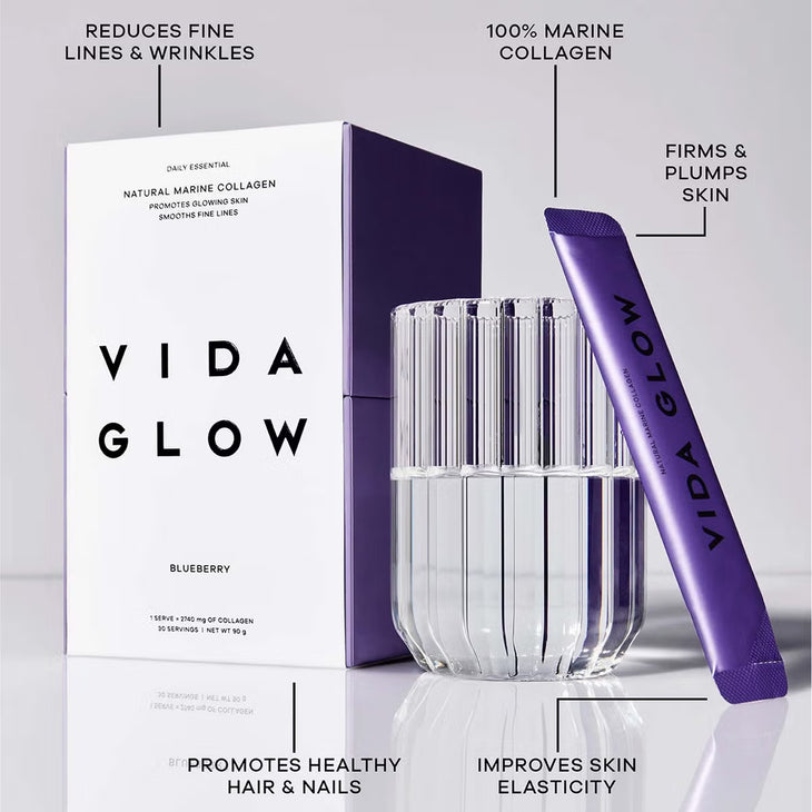 Vida Glow Natural Marine Collagen Blueberry sachets box for glowing skin — Vida Glow | Endless UAE