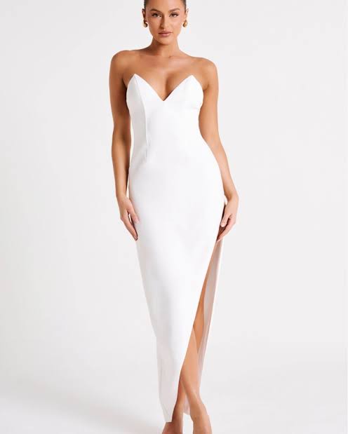 Woman in white strapless sweetheart neckline corset maxi dress — Meshki | Endless UAE