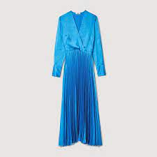 Long-sleeve blue pleated satin-effect midi dress with wrap neckline and elasticated waist — Sandro | Endless UAE