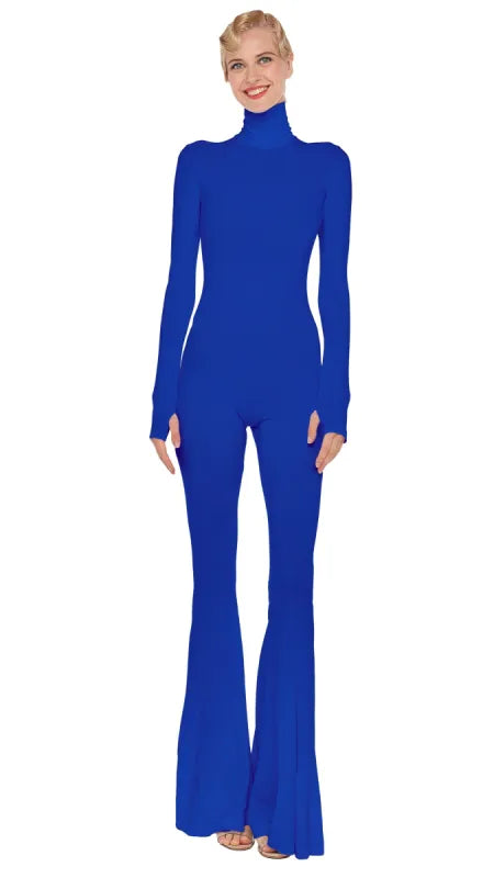 Bright blue turtleneck fishtail jumpsuit with long sleeves and flared hem — Norma Kamali | Endless UAE
