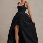 Elegant black strappy maxi dress with dramatic high-low voluminous skirt and fitted bodice — Club L London | Endless UAE