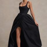 Elegant black strappy maxi dress with dramatic high-low voluminous skirt and fitted bodice — Club L London | Endless UAE