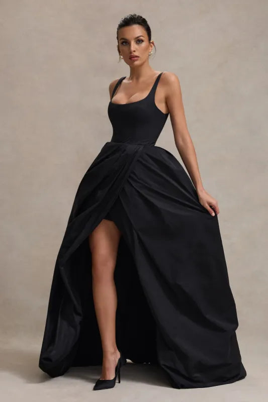 Elegant black strappy maxi dress with dramatic high-low voluminous skirt and fitted bodice — Club L London | Endless UAE