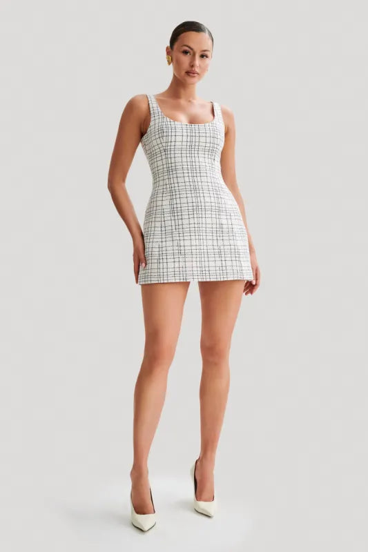 Beth Tweed Mini Dress in white grid pattern with square neckline and sleeveless design — Meshki | Endless UAE