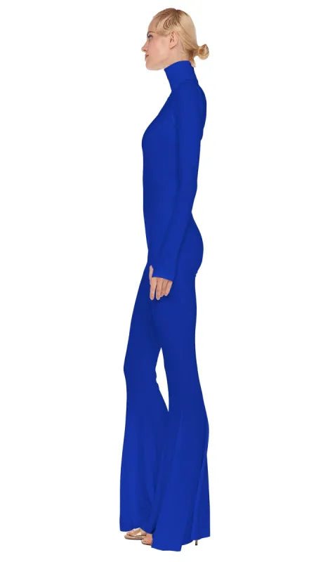 Bright blue turtleneck fishtail jumpsuit with long sleeves and flared hem — Norma Kamali | Endless UAE