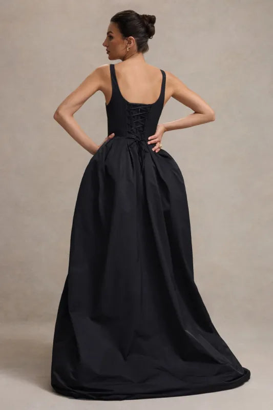 Black maxi dress with corset lace-up back and voluminous high-low skirt, rear view — Club L London | Endless UAE